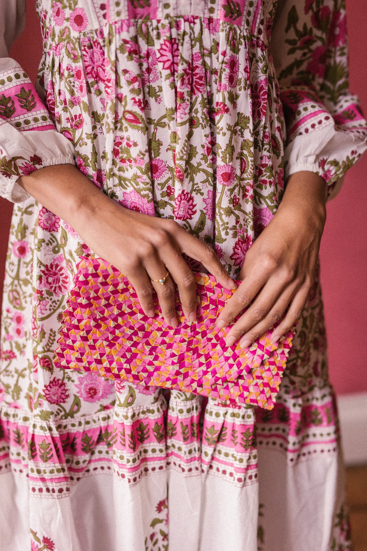 Raffia Clutch Bag in Pink/Orange