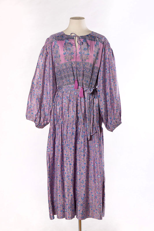 Lola Silk Dress L - Lilac/Blue Floral 012