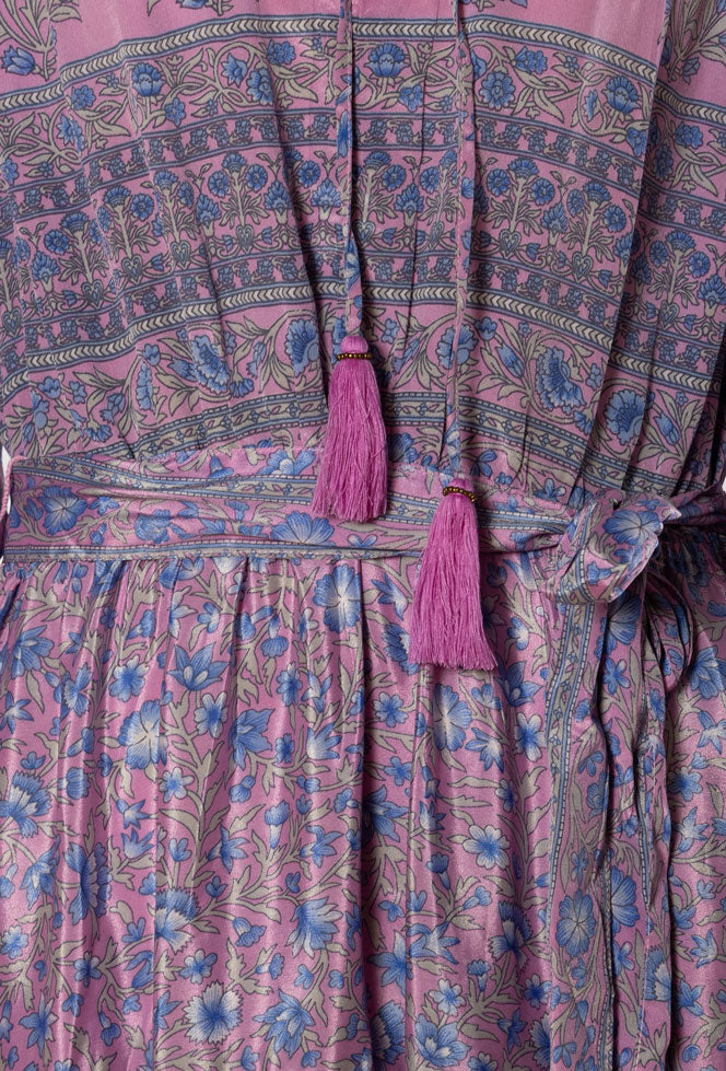 Lola Silk Dress L - Lilac/Blue Floral 012