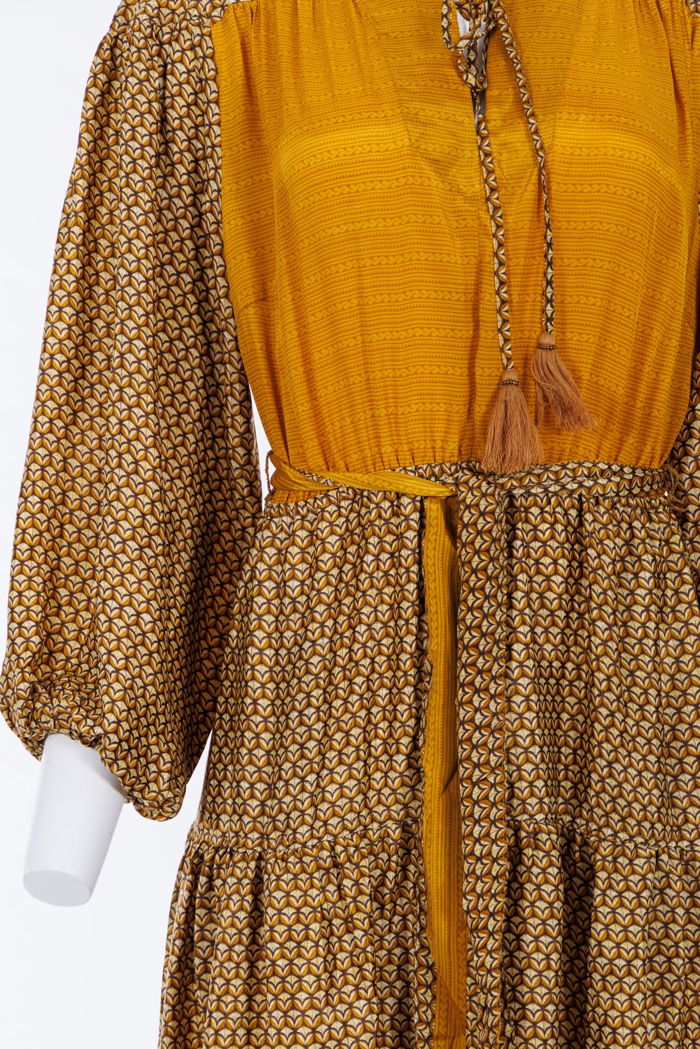 Lola Silk Dress M - Mustard/Brown Print 076