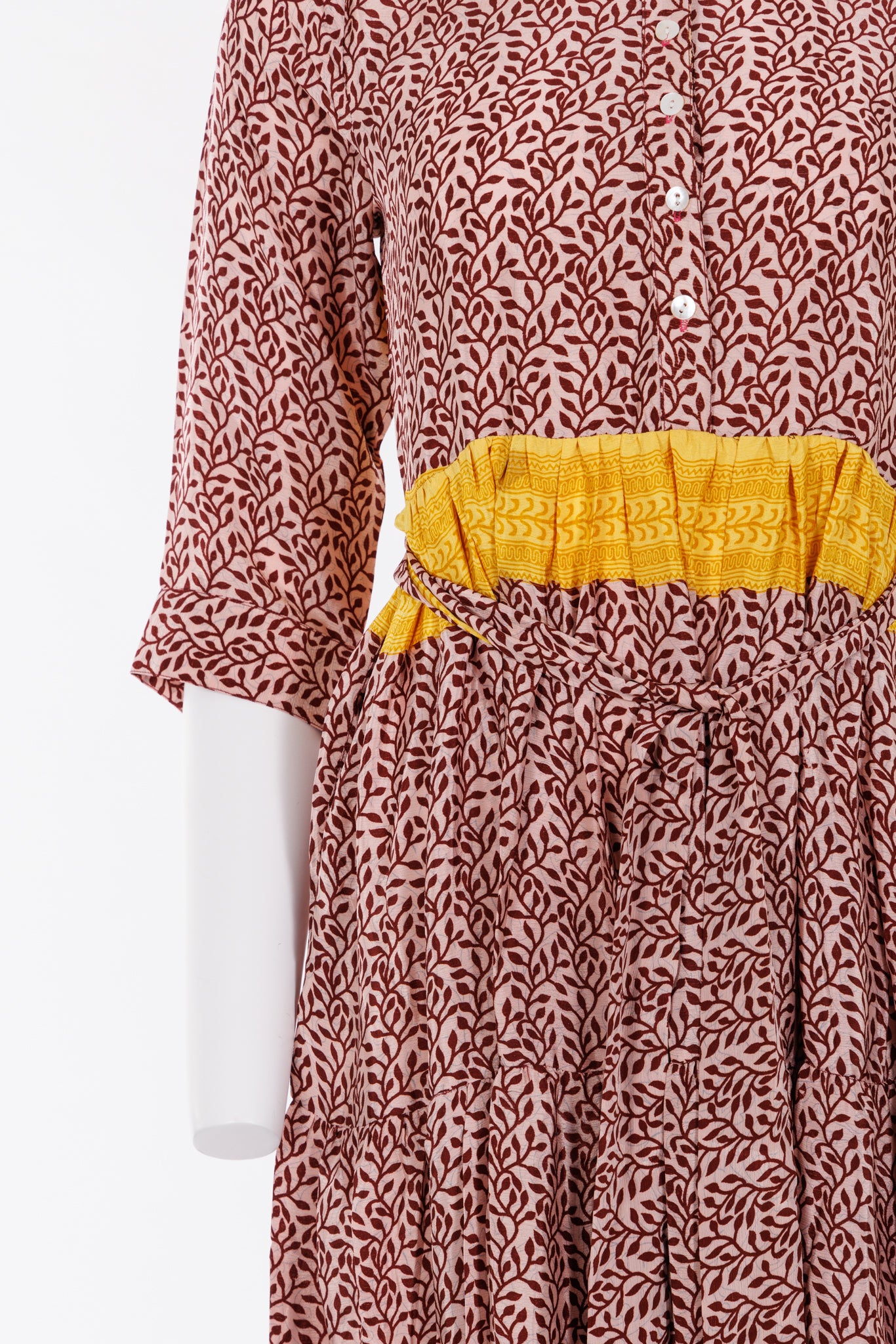 Prairie Round Neck Silk Dress XS - Pink/Red Leafy Print 021