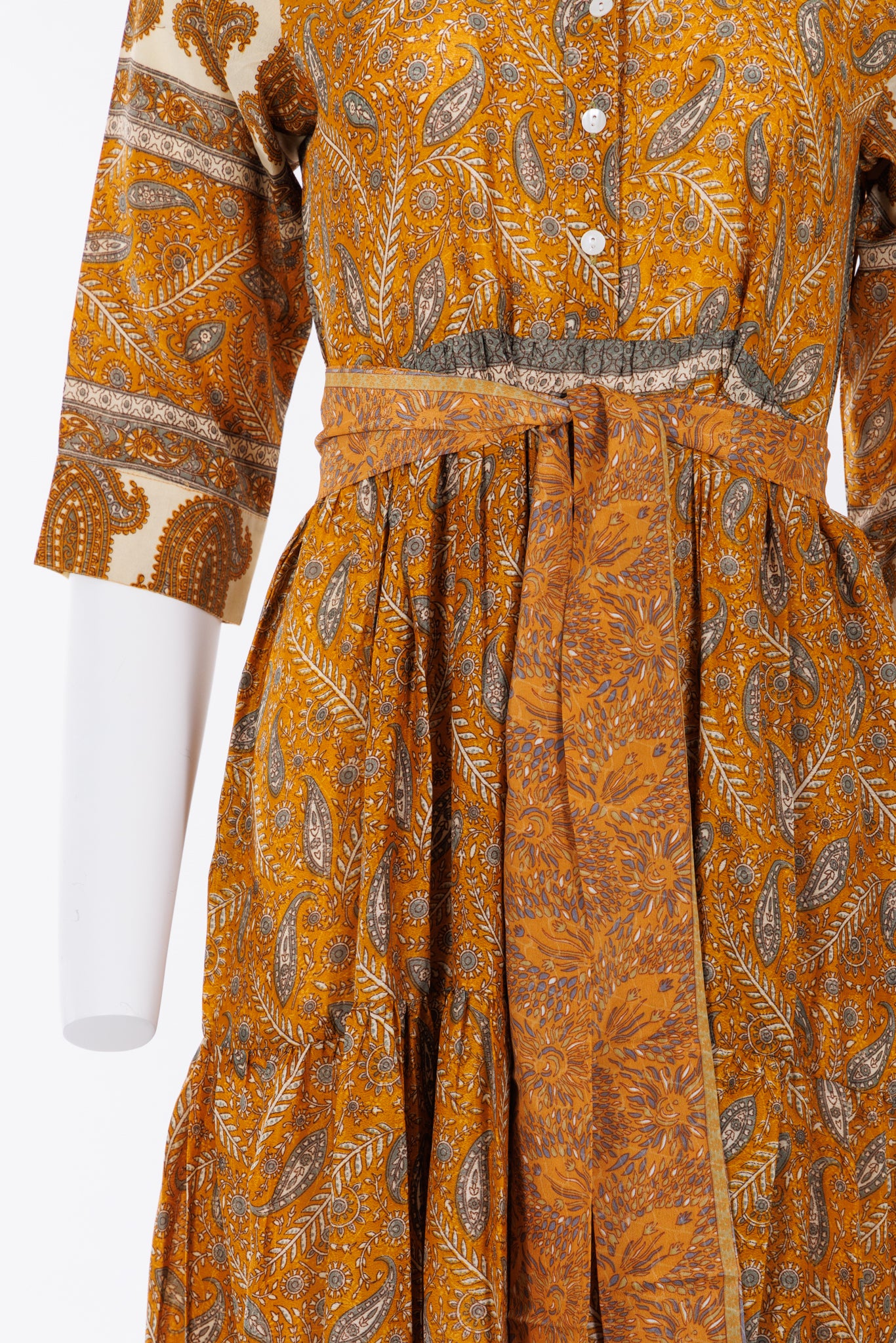 Prairie Round Neck Silk Dress S - Mustard Paisley Print 025