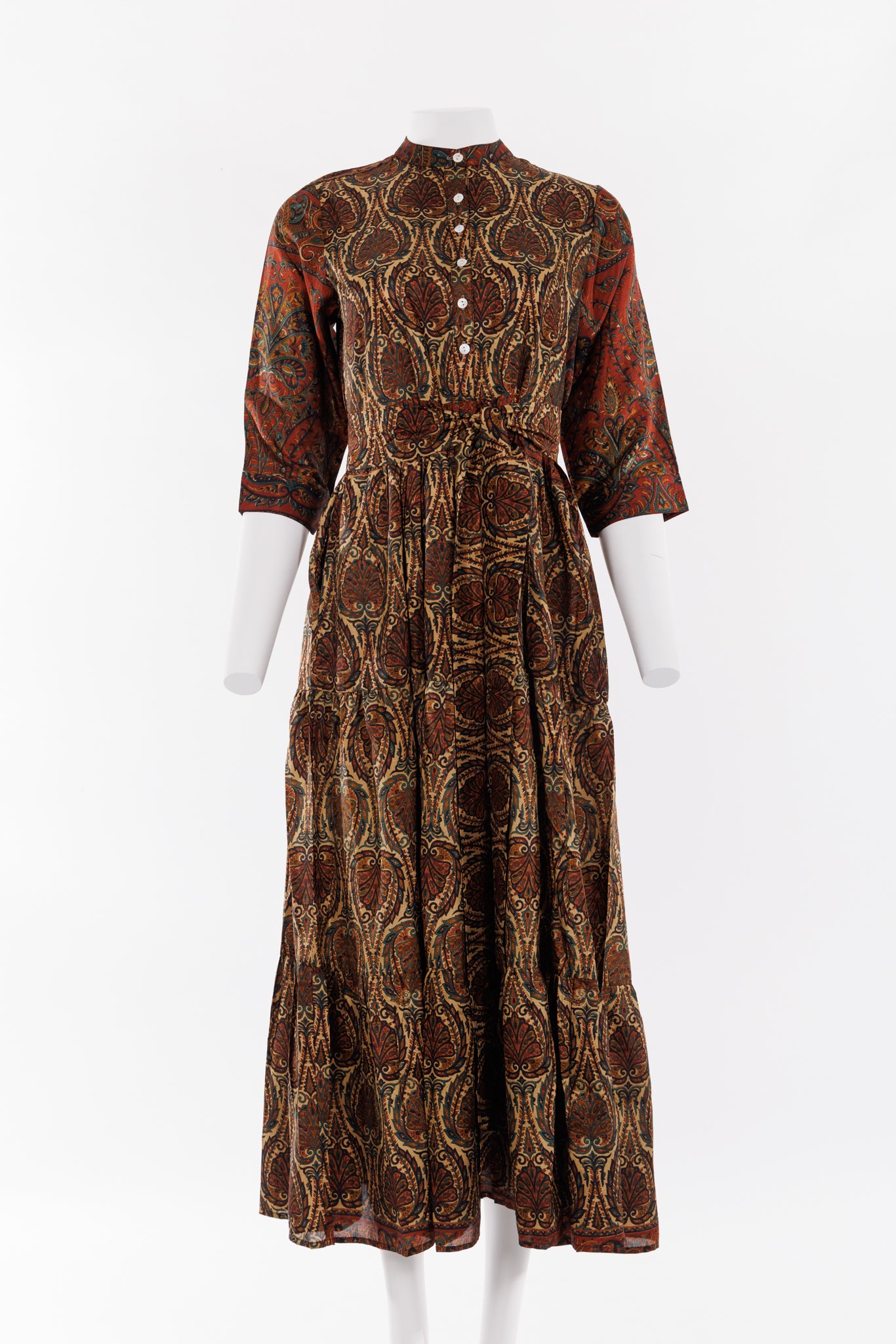 Prairie Round Neck Silk Dress S - Gold/Deep Red Paisley Print 026