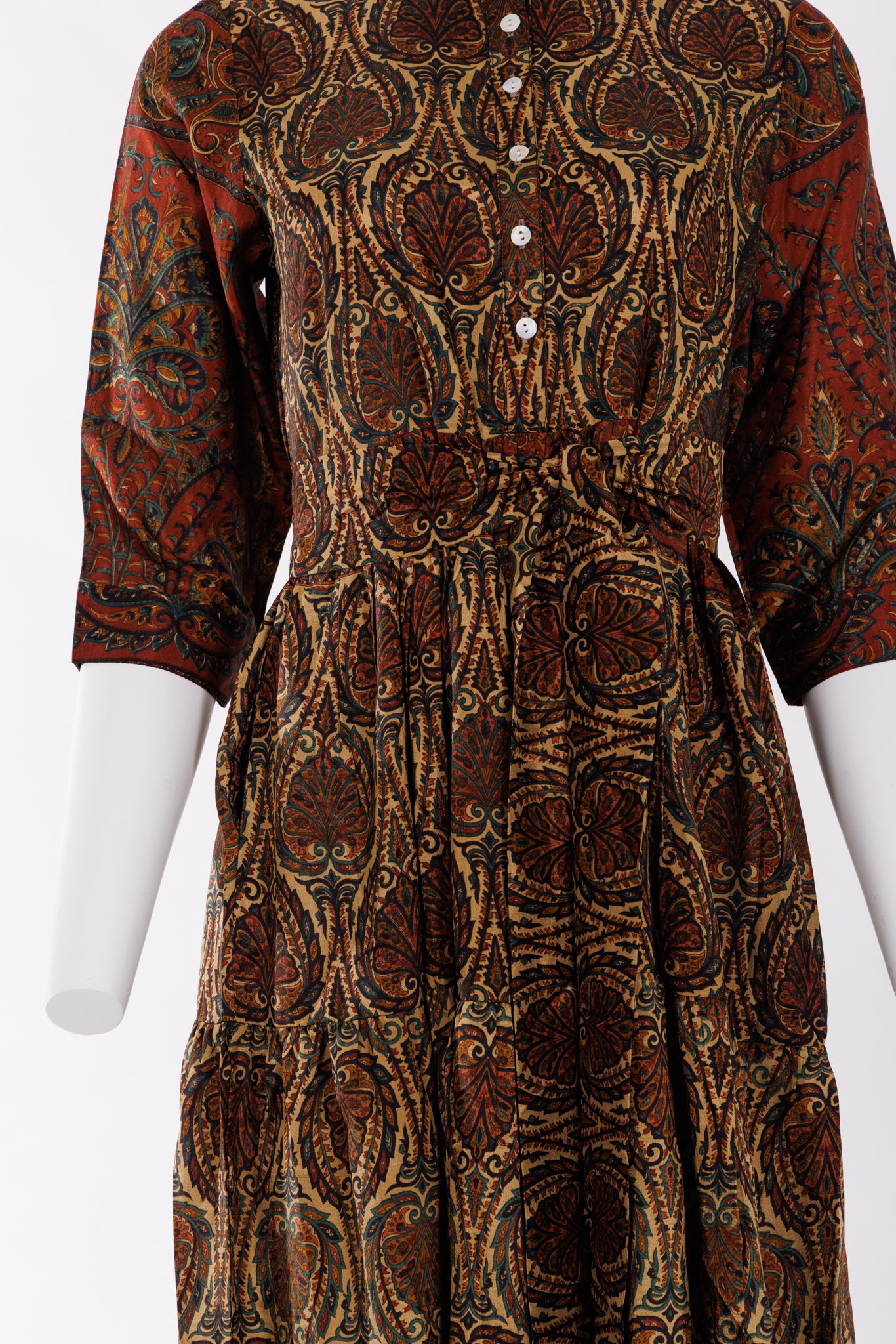 Prairie Round Neck Silk Dress S - Gold/Deep Red Paisley Print 026