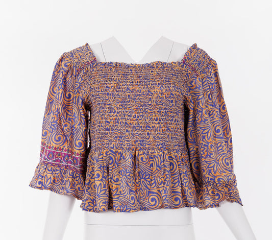 Joelyn Silk Smock Blouse - Purple/Orange Swirl Print 029