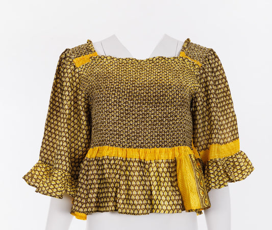 Joelyn Silk Smock Blouse - Mustard/Green Print 021