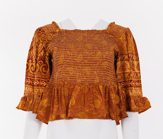 Joelyn Silk Smock Blouse - Gold/Red Paisley Print 028