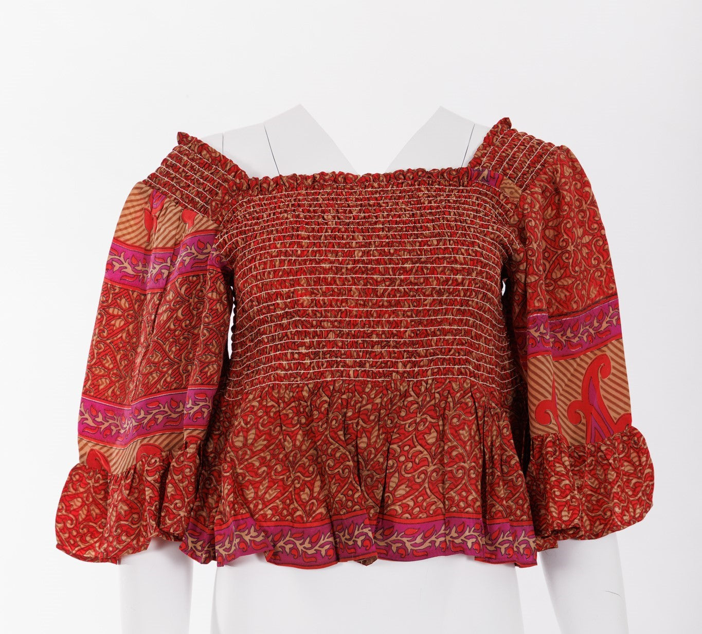 Joelyn Silk Smock Blouse - Pink/Gold Jacobean Print 010