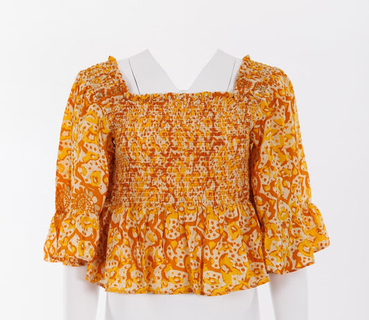 Joelyn Silk Smock Blouse - Orange Boho Print 013