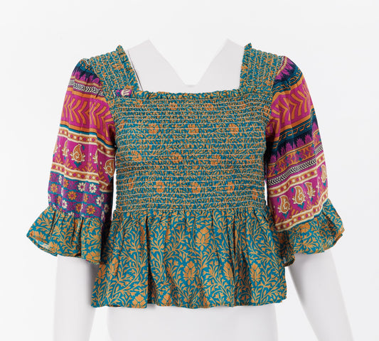 Joelyn Silk Smock Blouse - Turquoise/Gold Floral Print 037