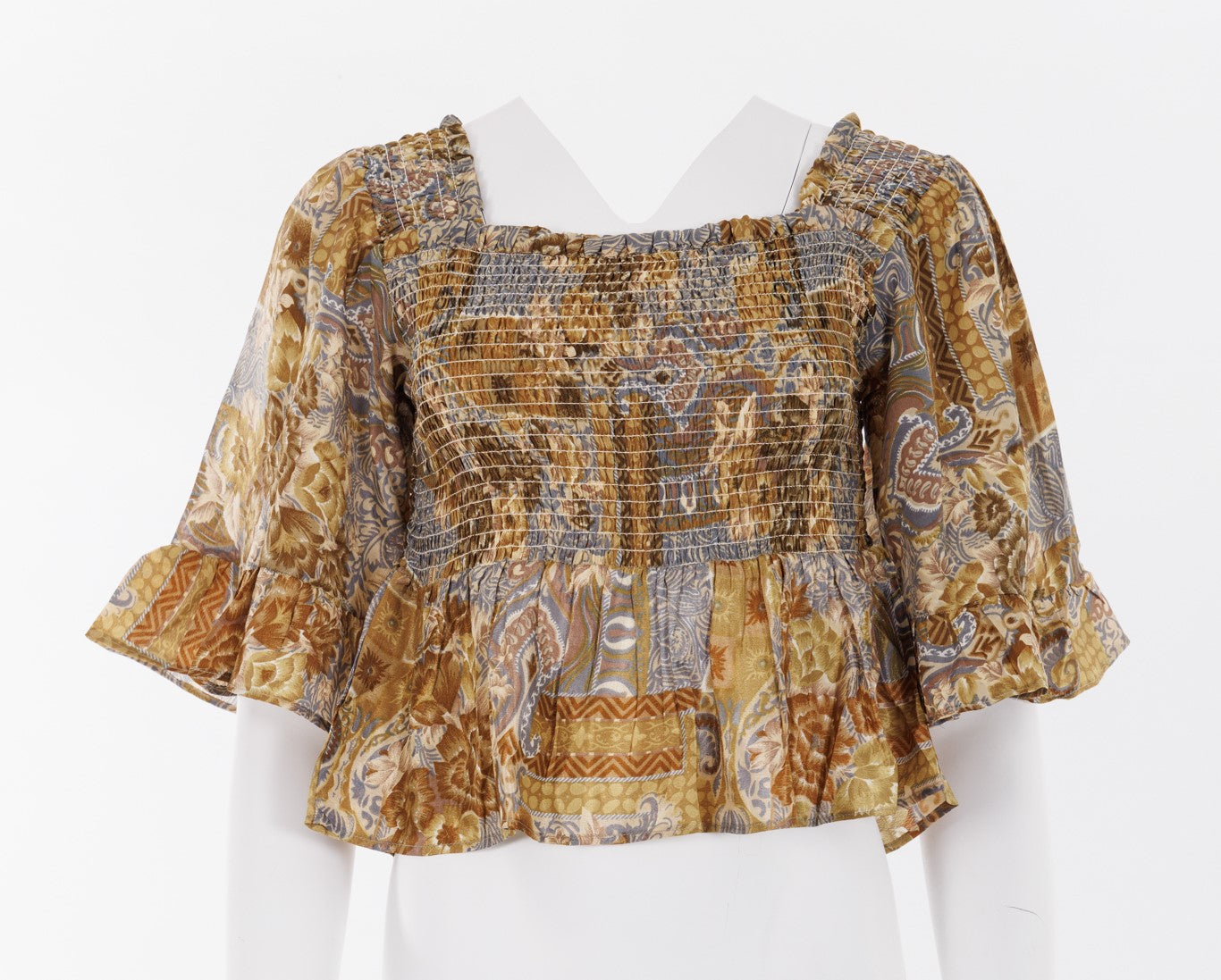 Joelyn Silk Smock Blouse - Light Green/Brown Mix Print 038
