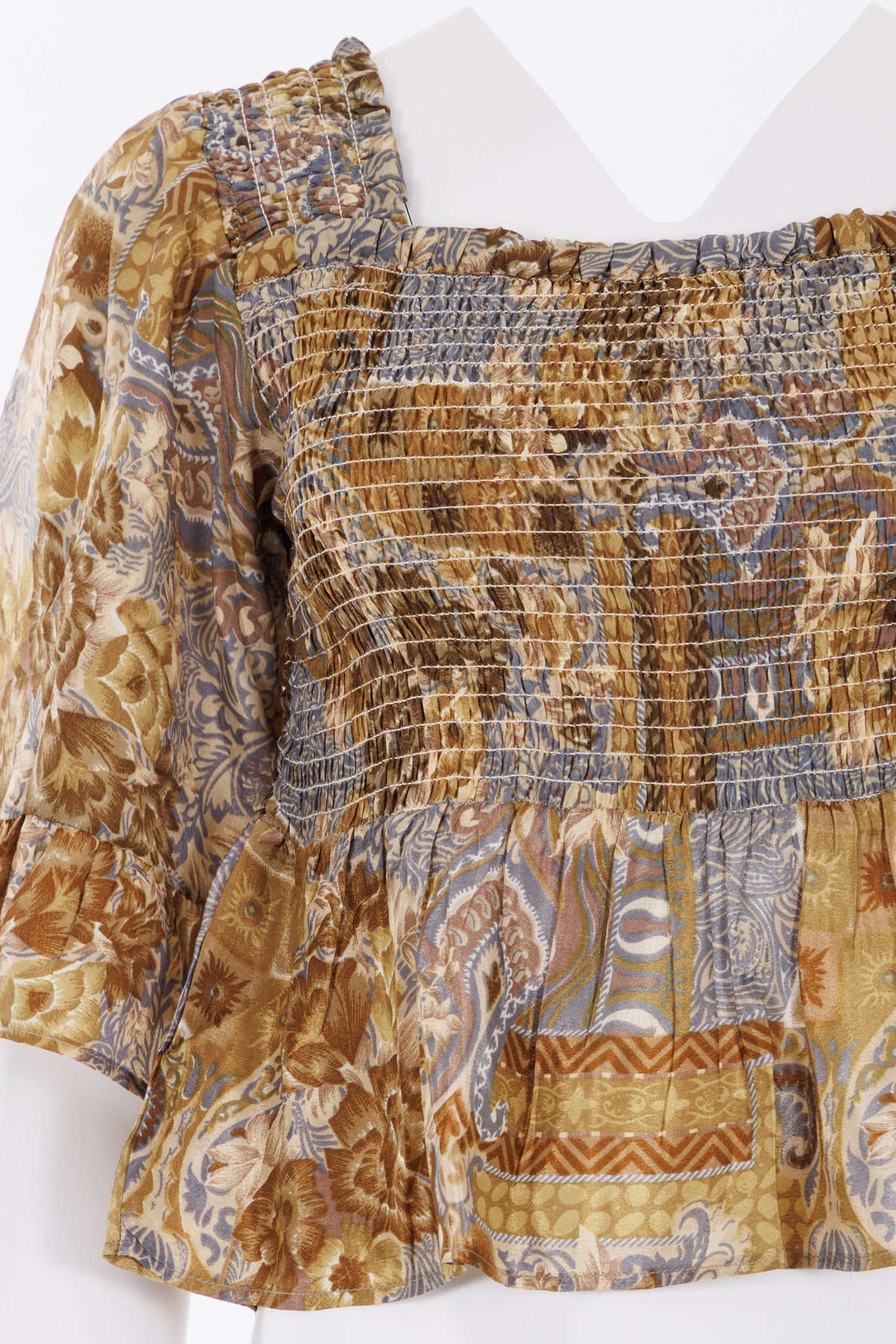 Joelyn Silk Smock Blouse - Light Green/Brown Mix Print 038