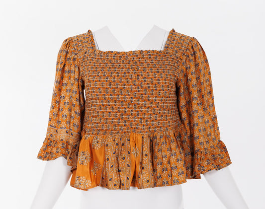 Joelyn Silk Smock Blouse - Orange Floral Print 016