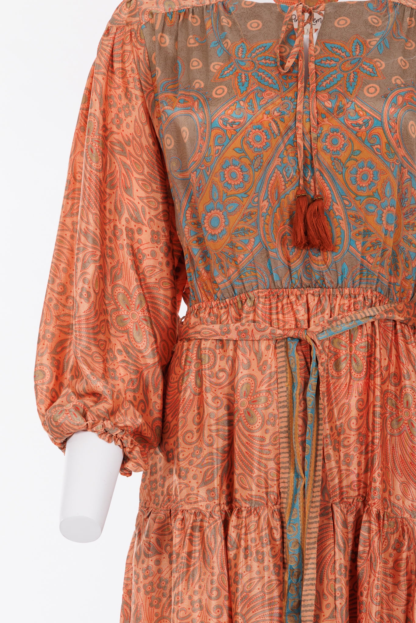 Lola Silk Dress M - Apricot/Light Khaki Floral Print 041