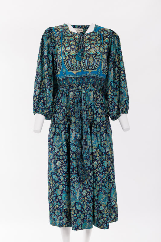Lola Silk Dress S - Navy/Deep Turquoise Paisley Print 054