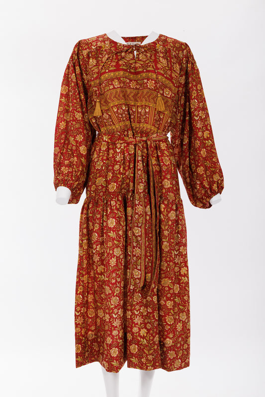 Lola Silk Dress XL - Red/Gold/Green  Floral Print 045