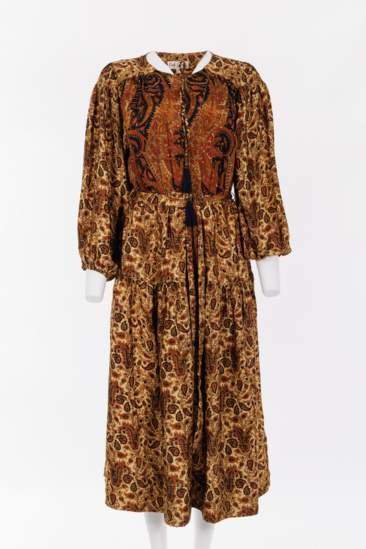 Lola Silk Dress M - Light Gold/Navy/ Burnt Orange Paisley Print 046