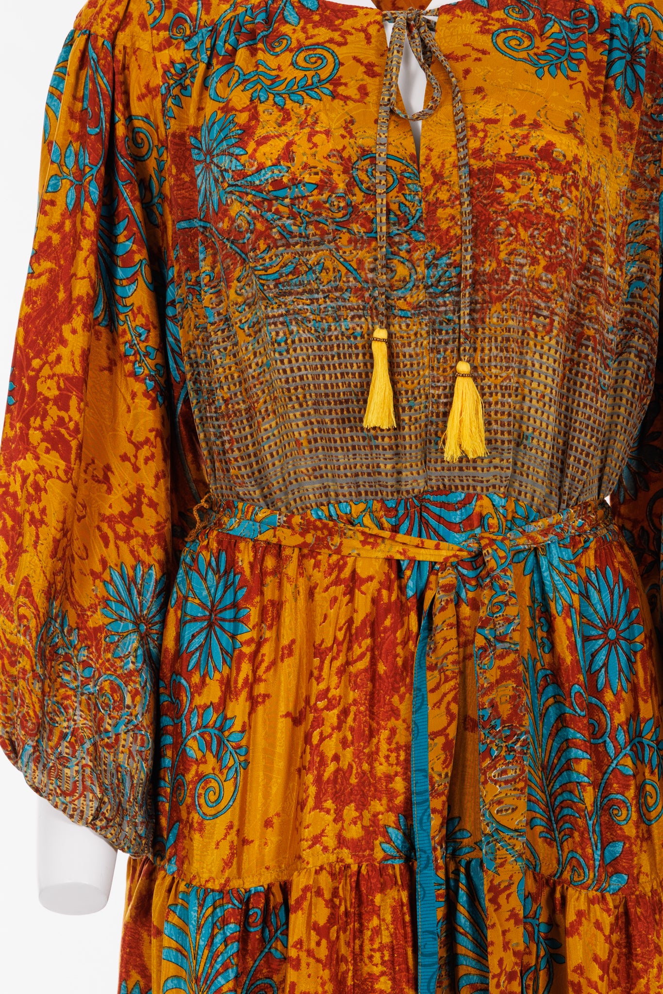 Lola Silk Dress L - Bright Gold/Rust/Turquoise Print 061