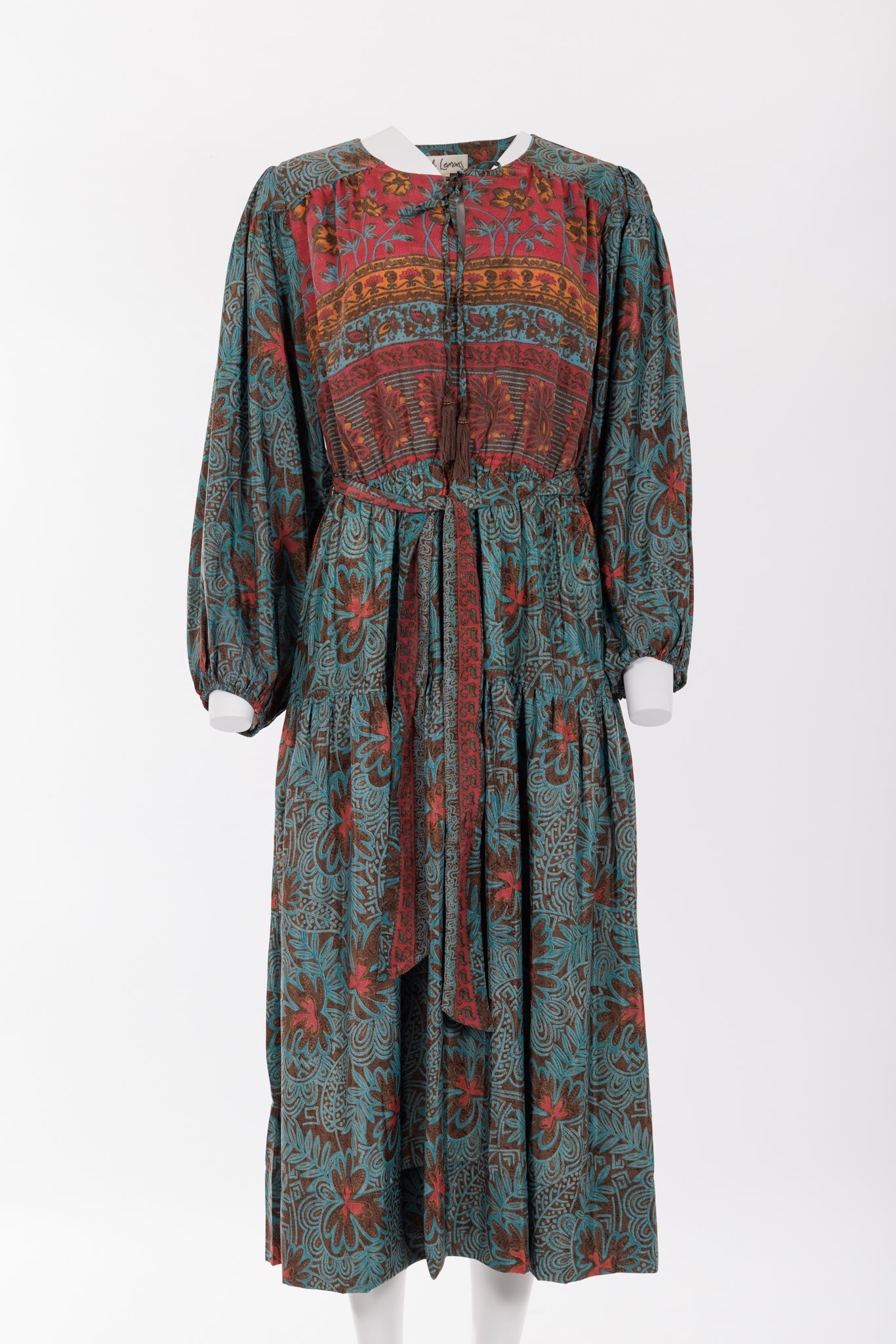Lola Silk Dress - Deep Aqua/Pink/Brown Floral Print 060