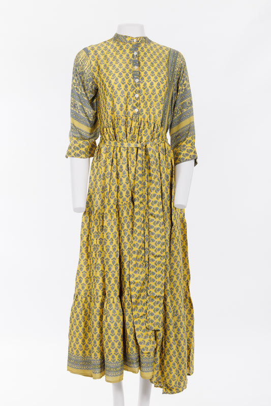 Prairie Round Neck Silk Dress M - Gold/Grey Floral Print 016