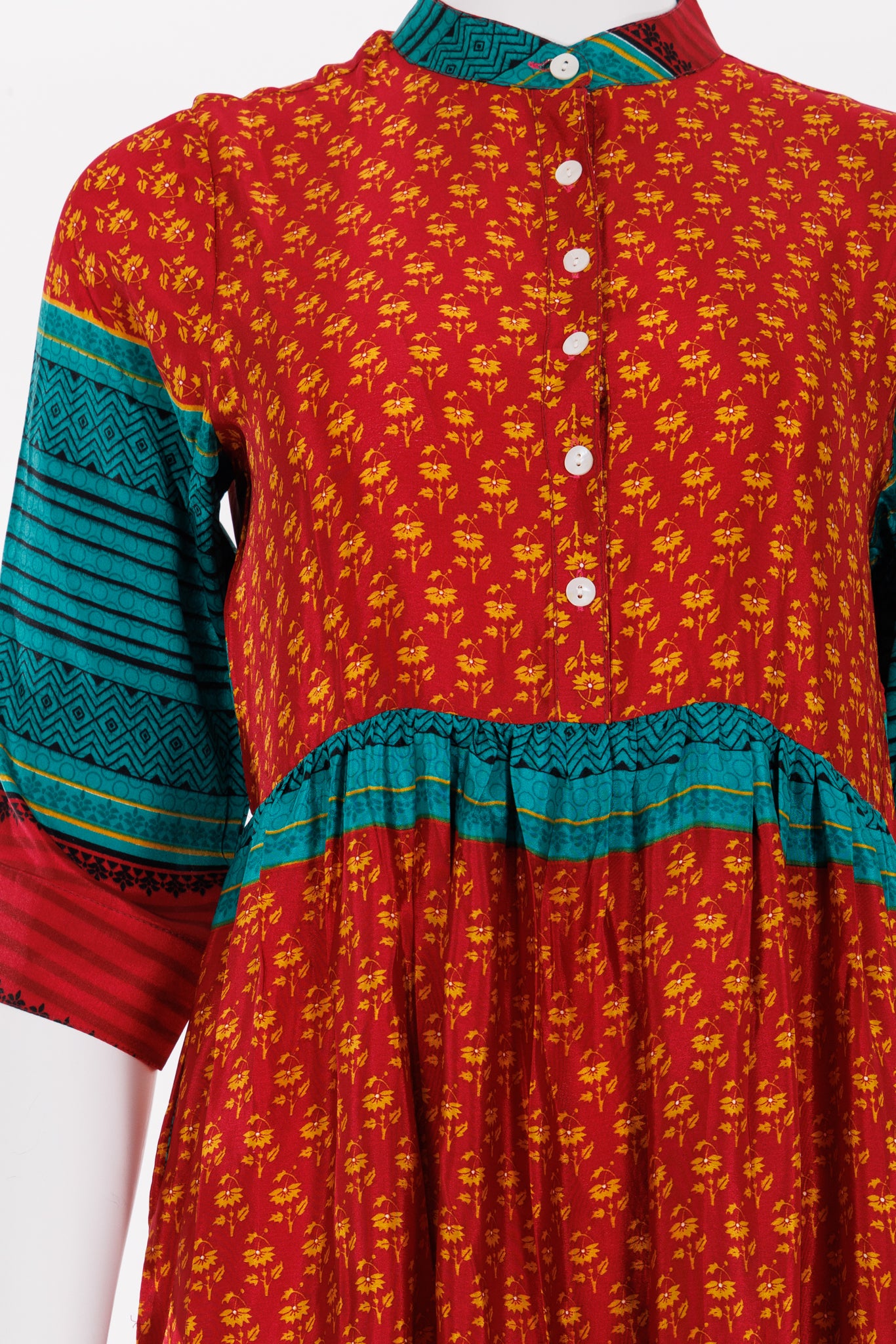 Prairie Round Neck Silk Dress S - Red/Yellow Floral Print 029