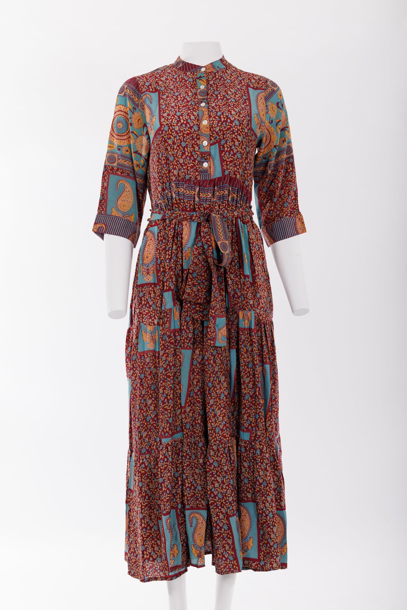 Prairie Round Neck Silk Dress M - Pink/Blue/Yellow Floral Print 034