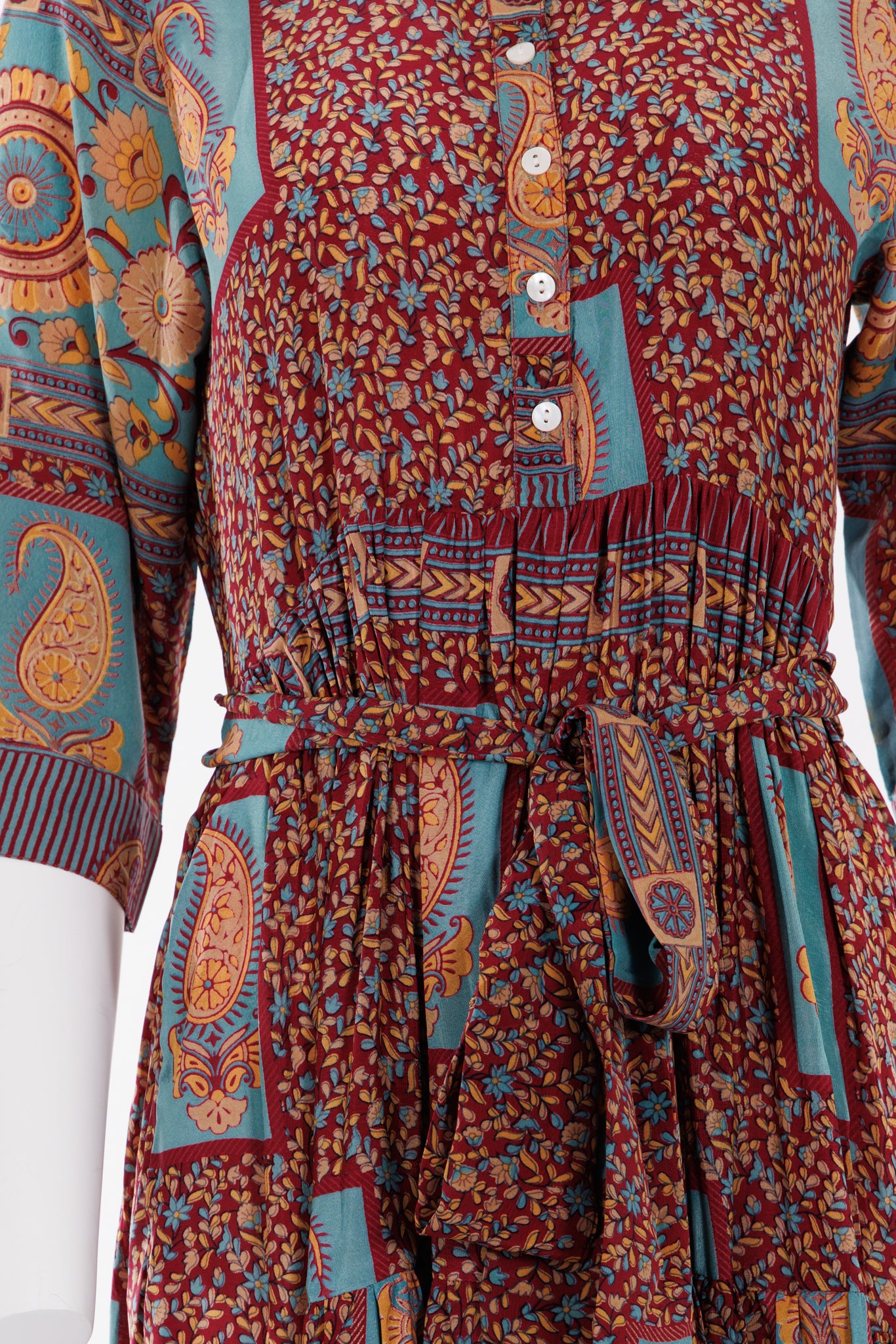 Prairie Round Neck Silk Dress M - Pink/Blue/Yellow Floral Print 034