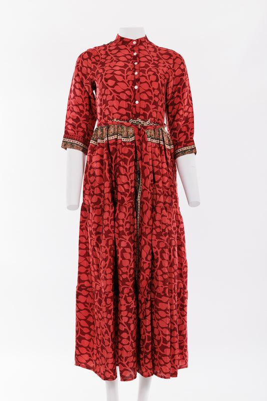 Prairie Round Neck Silk Dress XS - Red Leafy Print 022