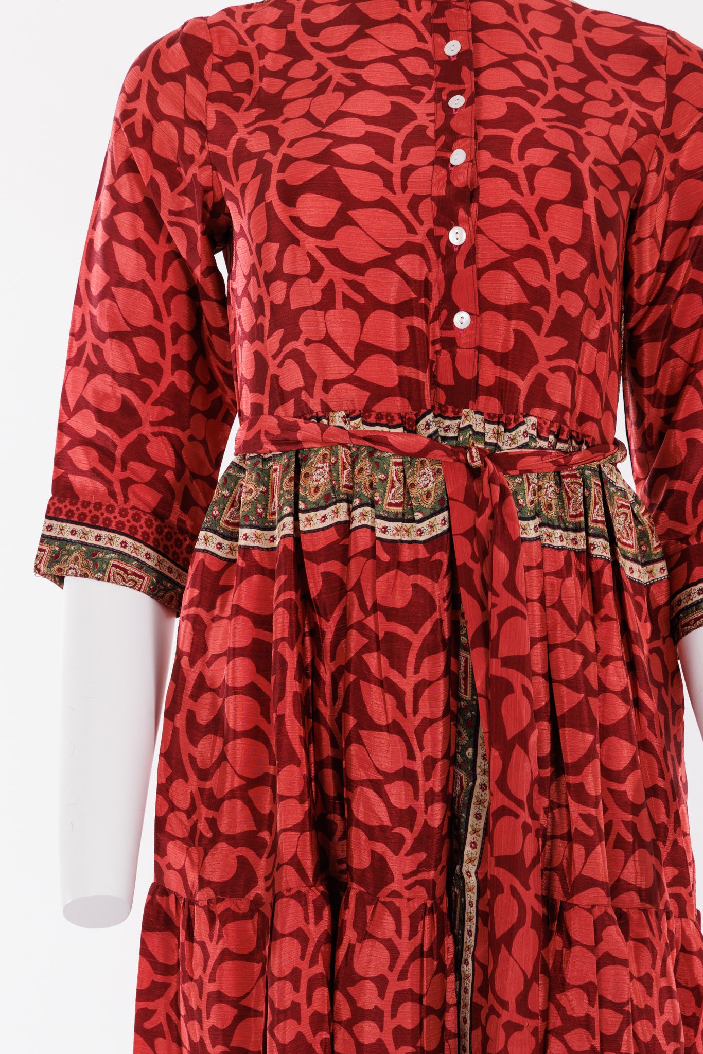 Prairie Round Neck Silk Dress XS - Red Leafy Print 022