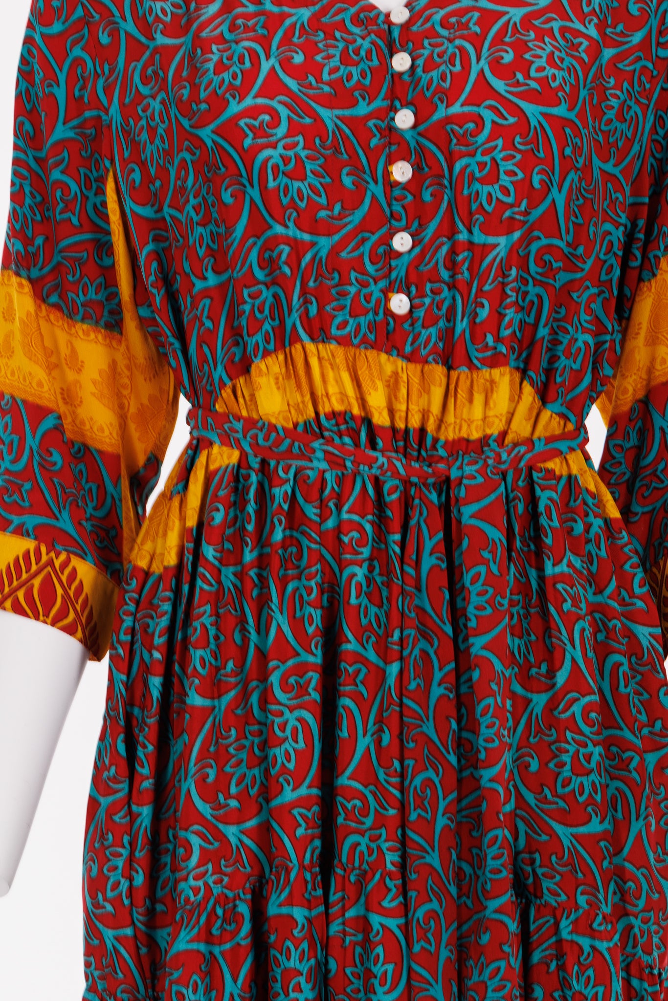Prairie V-neck Silk Dress XXL - Red/Turquoise Floral Print 052