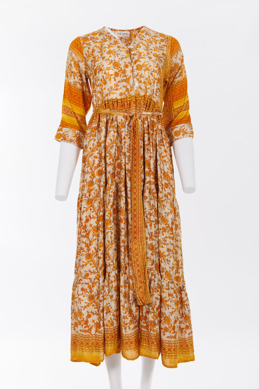 Prairie V-neck Silk Dress XS - Autumn Yellow Floral Print 024