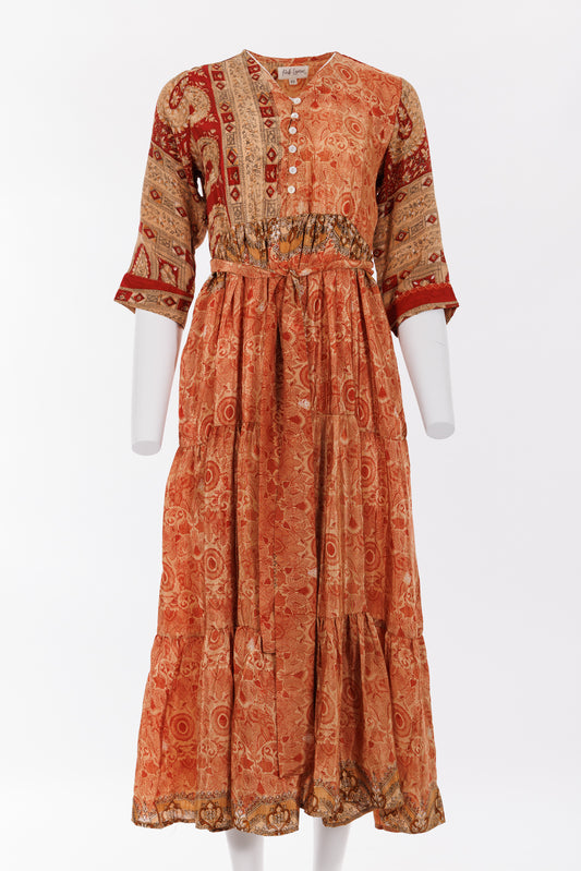 Prairie V-neck Silk Dress XS - Copper/Red Print 022