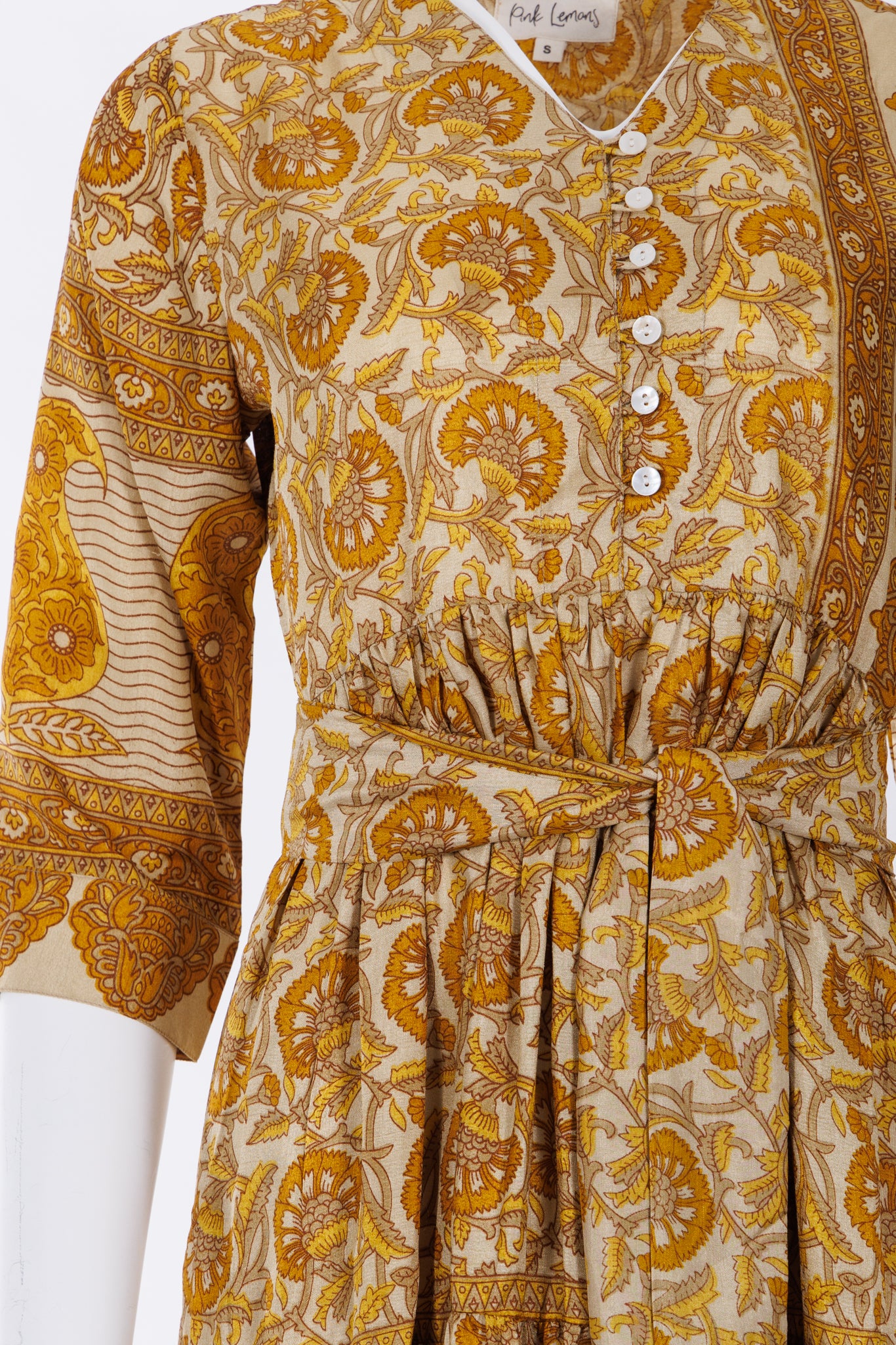 Prairie V-neck Silk Dress Gold/Yellow Mix Floral Print 029