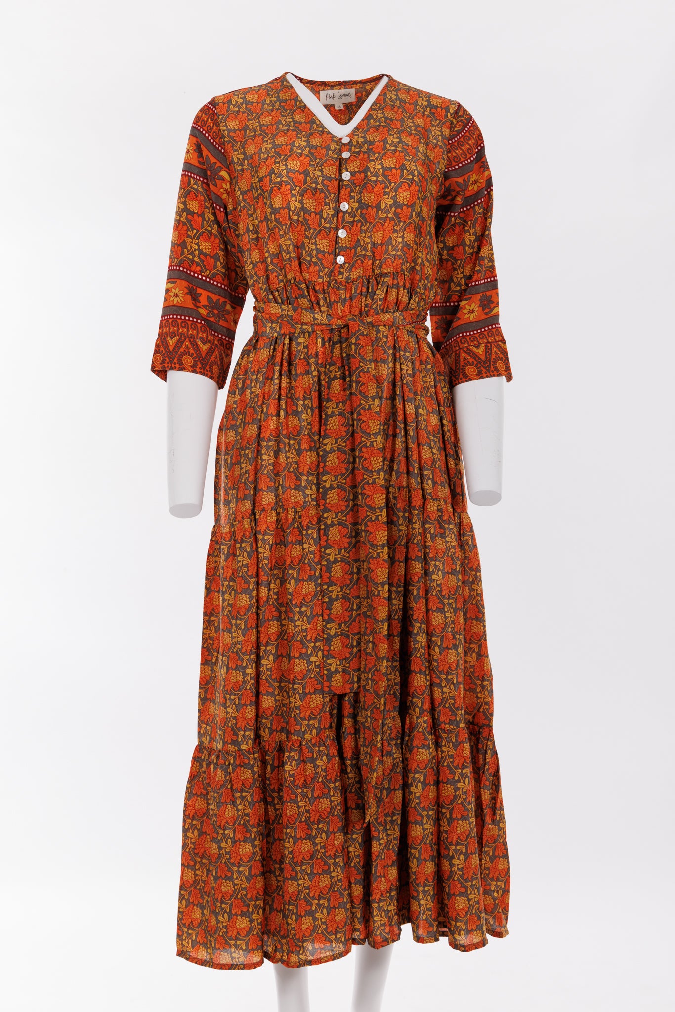 Prairie V-neck Silk Dress M - Grey/Orange Floral Print 034