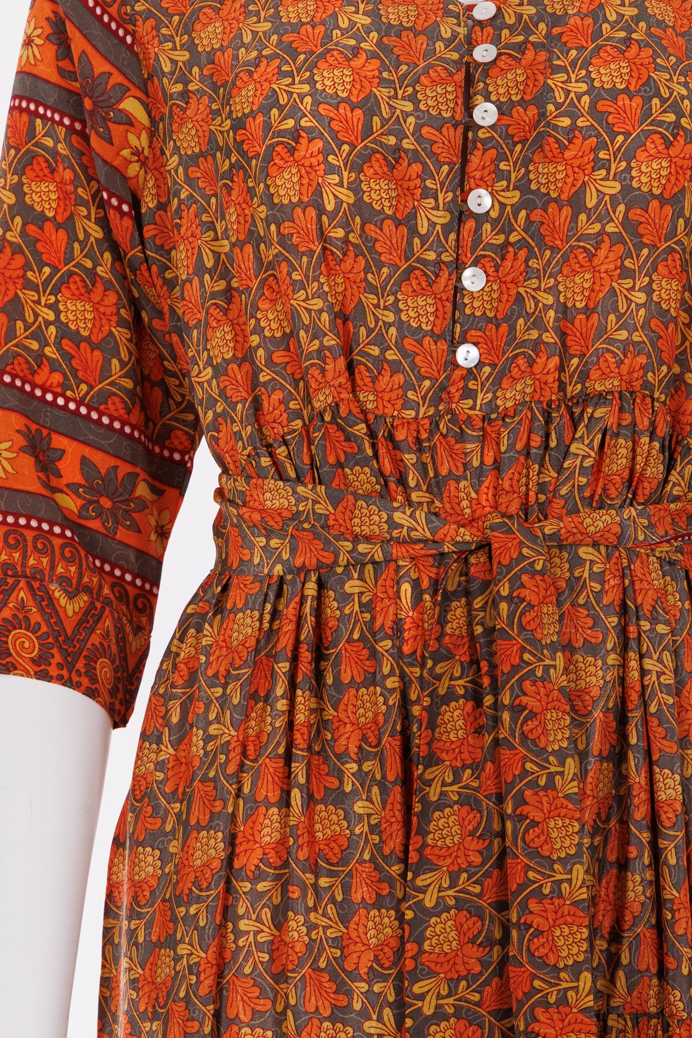 Prairie V-neck Silk Dress M - Grey/Orange Floral Print 034