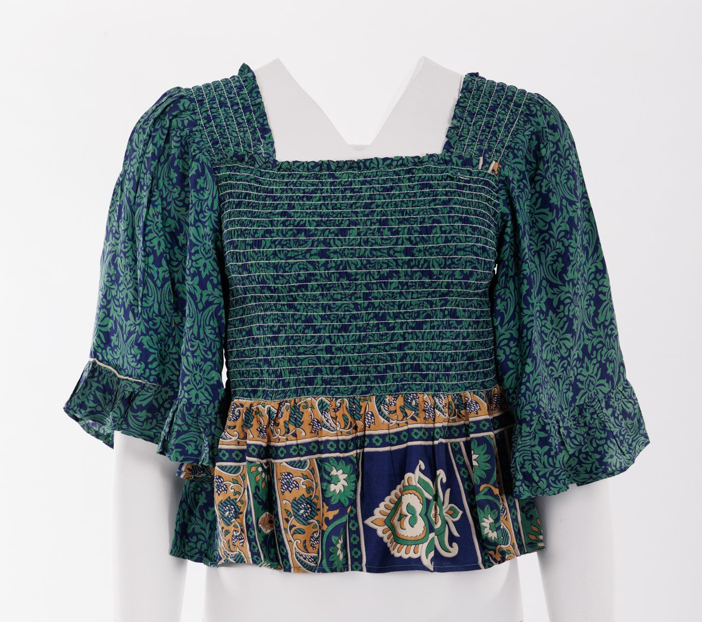 Joelyn Silk Smock Blouse - Navy/Bottle Green Print 039