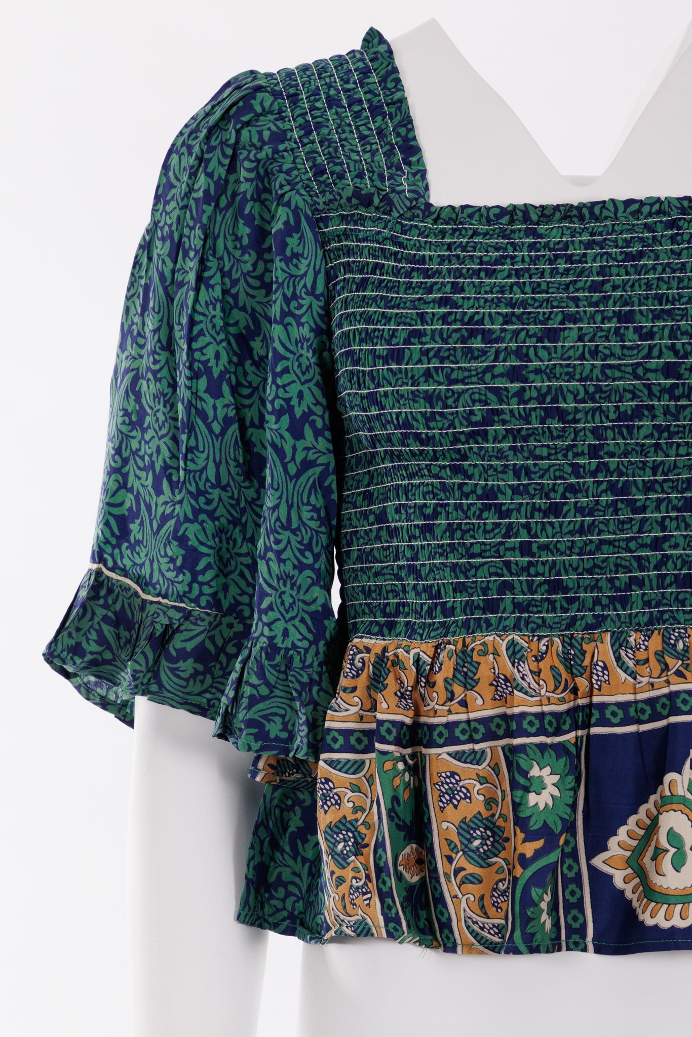 Joelyn Silk Smock Blouse - Navy/Bottle Green Print 039