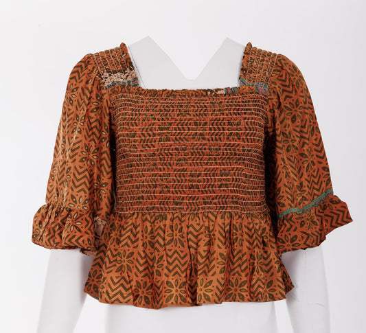 Joelyn Silk Smock Blouse - Rust/Brown Aztec Floral Print 040