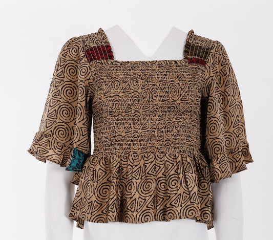 Joelyn Silk Smock Blouse - Gold/Black Swirl Print 018