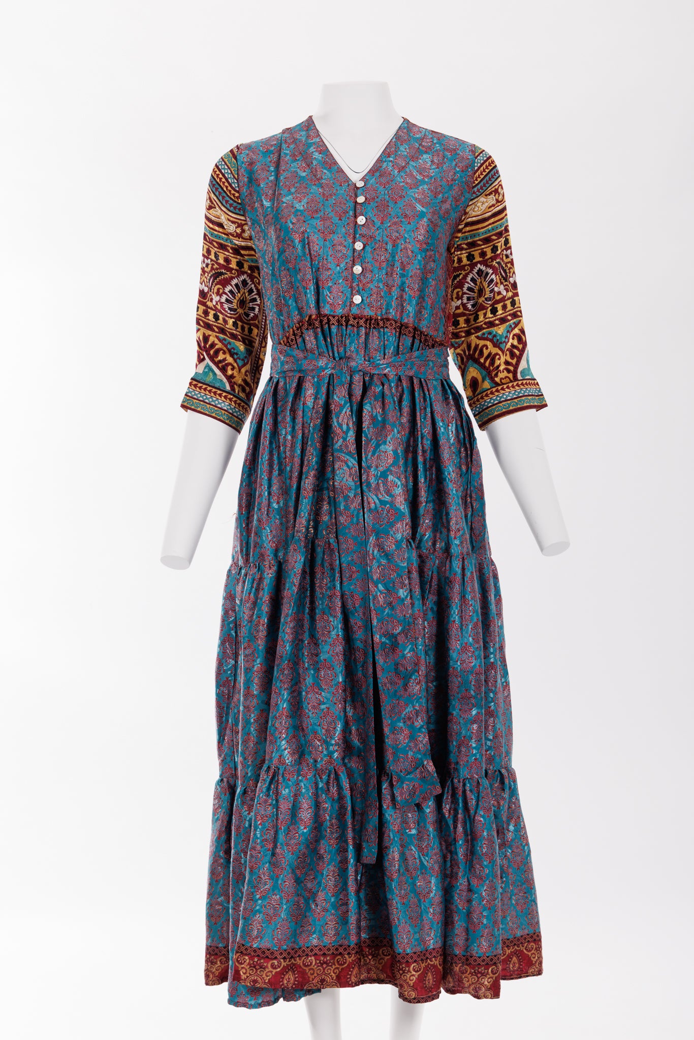 Prairie V-neck Silk Dress Turquiose/Purple Print 021