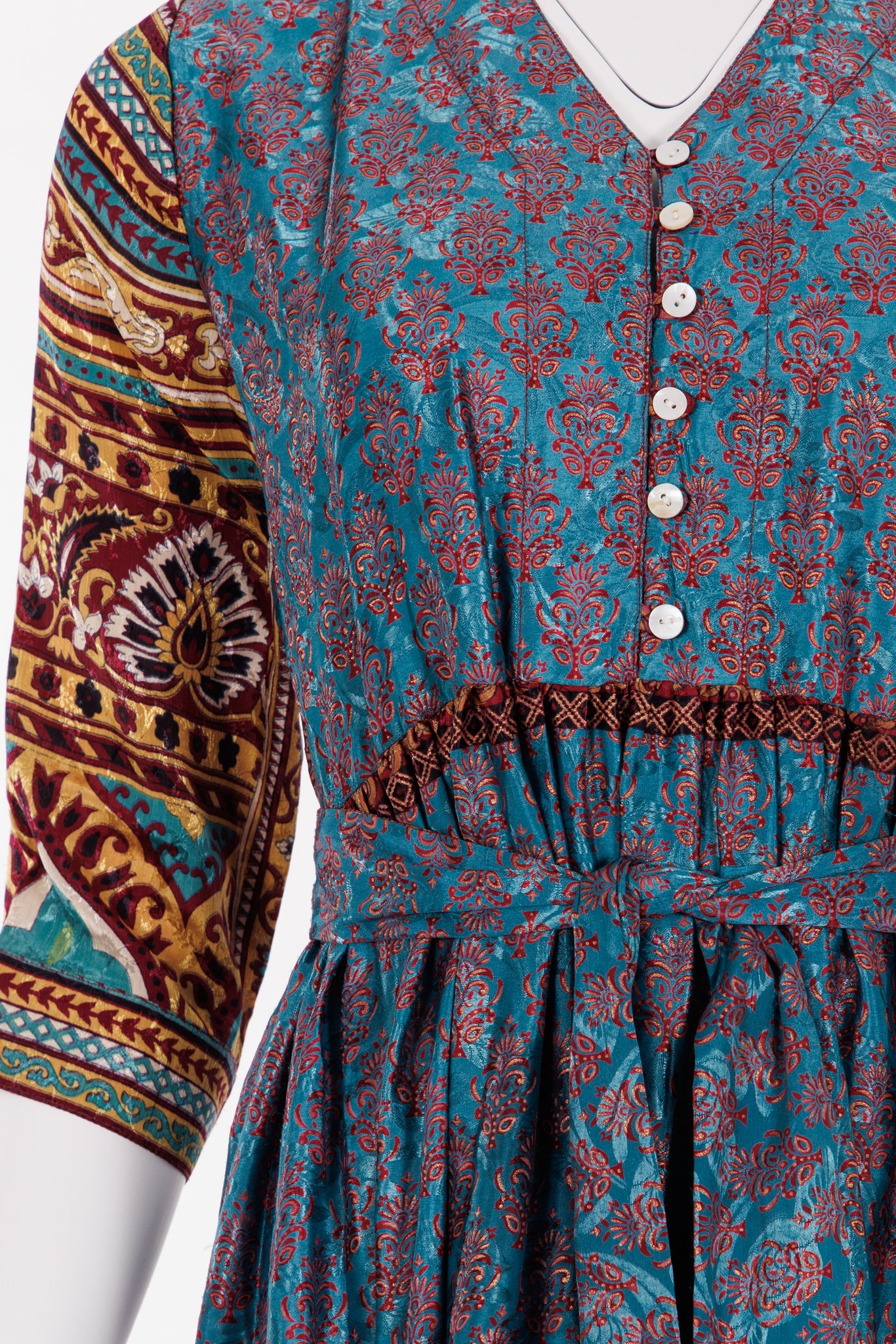 Prairie V-neck Silk Dress Turquiose/Purple Print 021