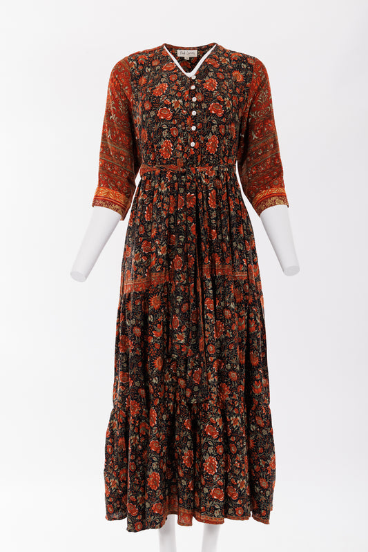 Prairie V-neck Silk Dress M - Midnight/Burnt Orange Floral Print 016