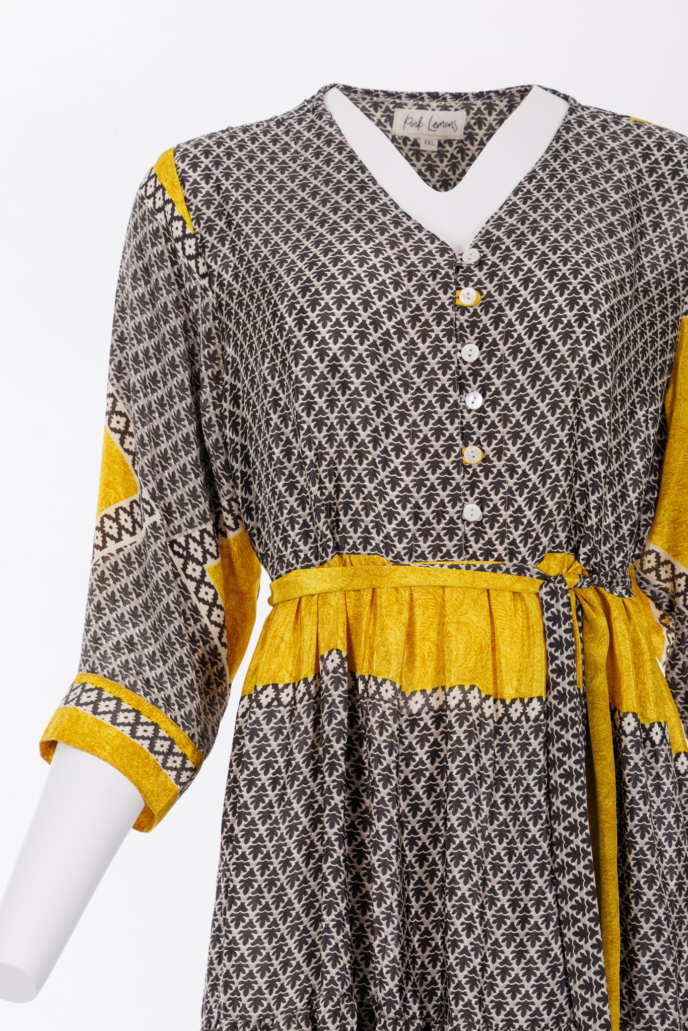 Prairie V-neck Silk Dress Grey/Bright Gold Print 011