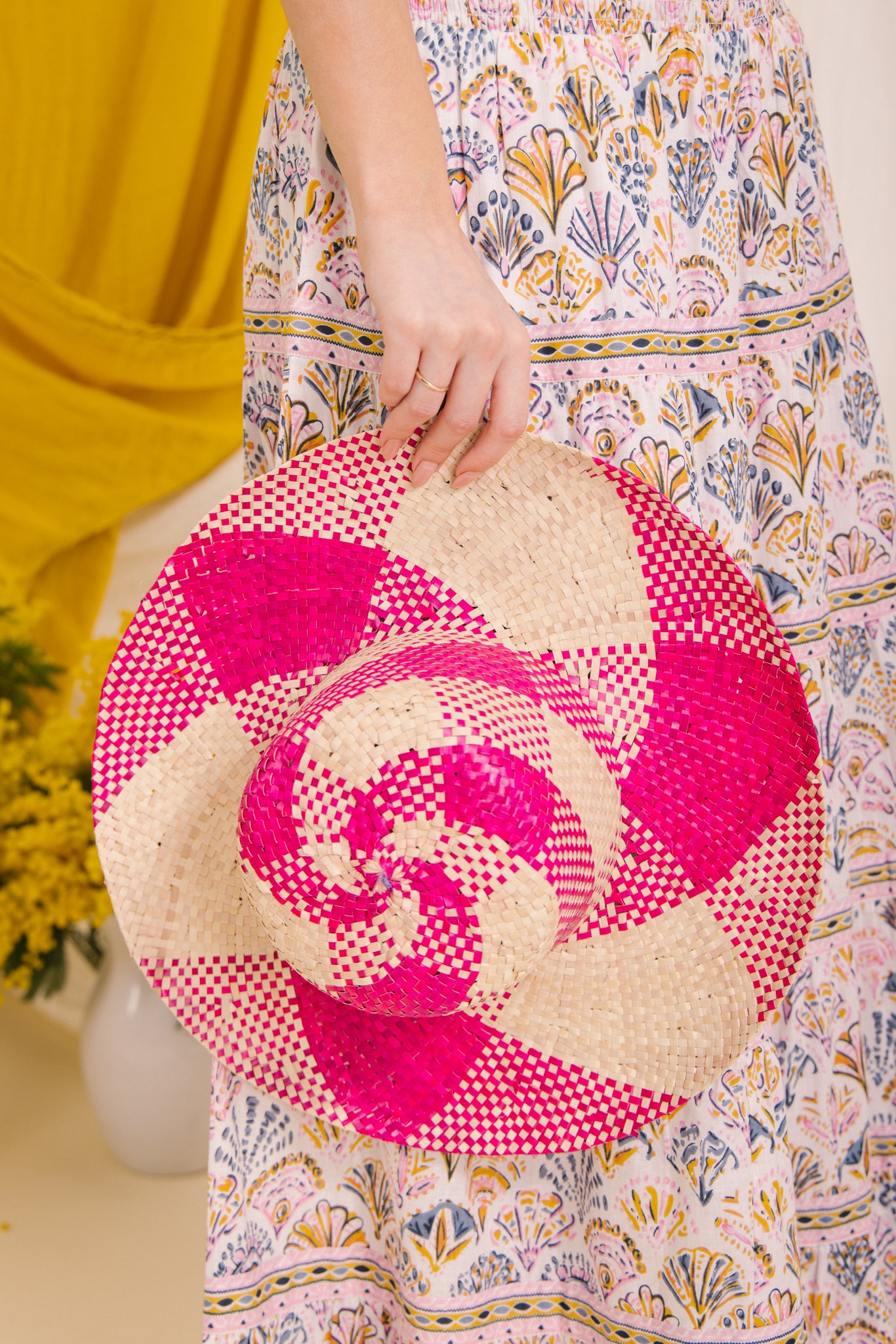 Raffia Sun Hat in Pink/Cream