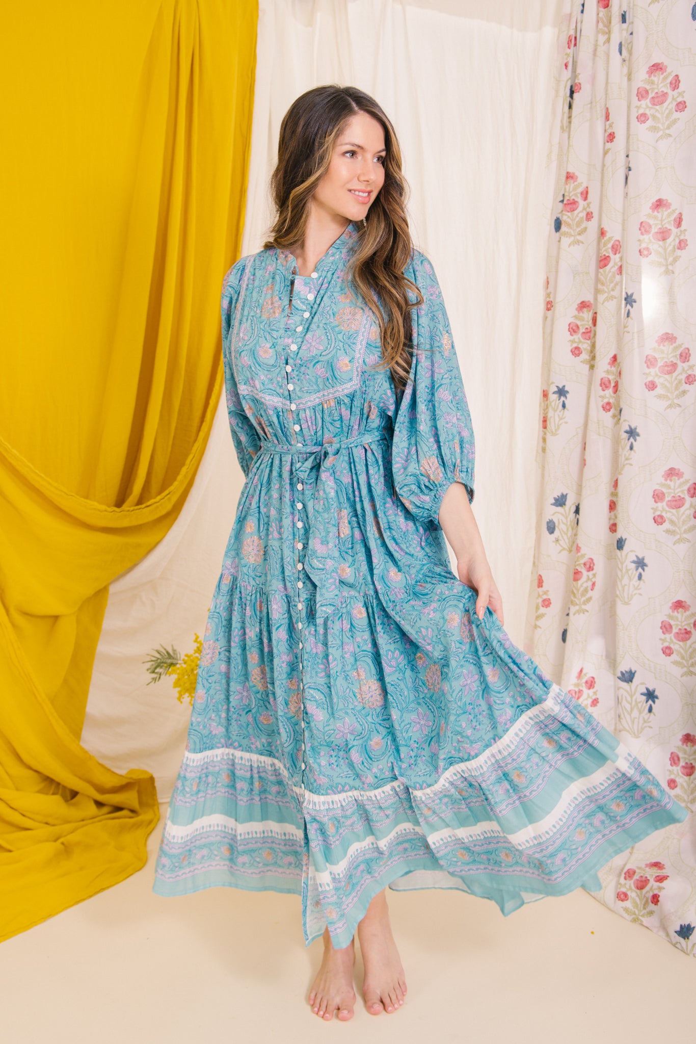 Delilah Maxi Dress in Blue & Gold Print