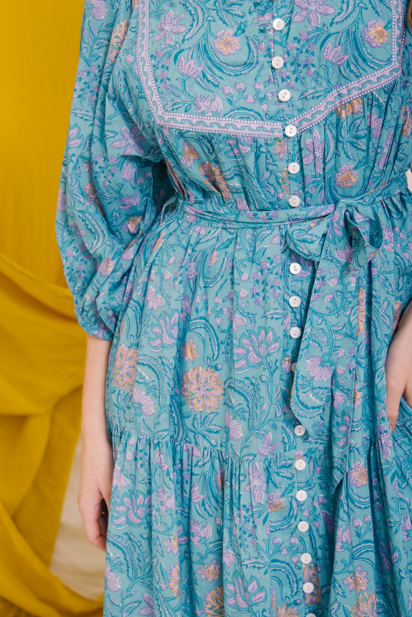 Delilah Maxi Dress in Blue & Gold Print