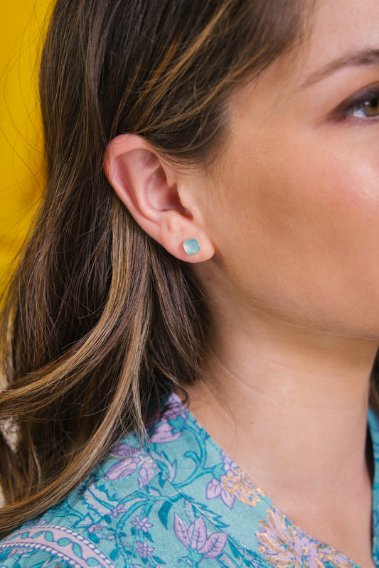 Sterling Silver Square Studs in Aqua Chalcedony