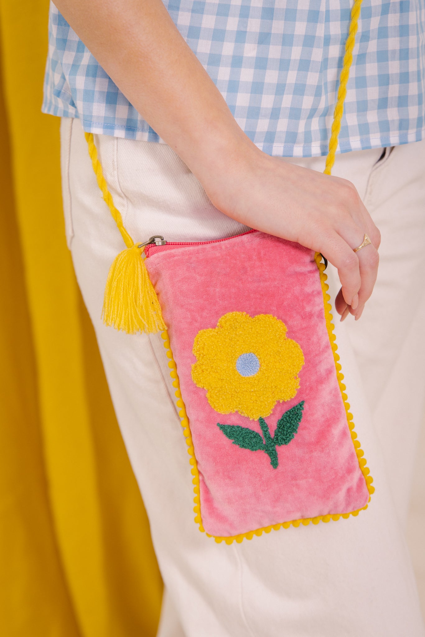 Velvet Flower Phone Pouch - Pink & Yellow