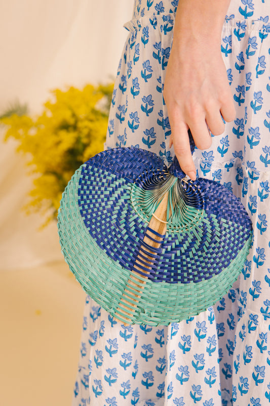 Raffia Hand Fan in Blue/Aqua