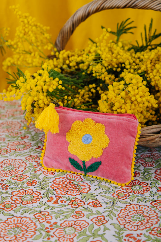 Velvet Single Flower Pouch - Pink & Yellow